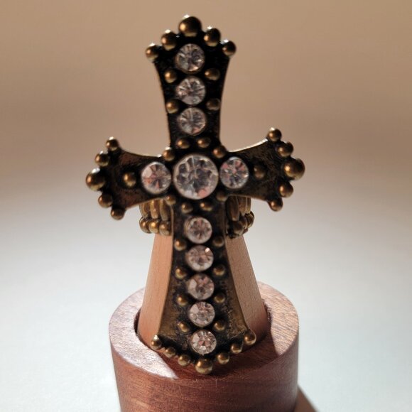 Jewelry - Cross Rhinestones Stretch Ring Brass-Tone Metal Size 6-7